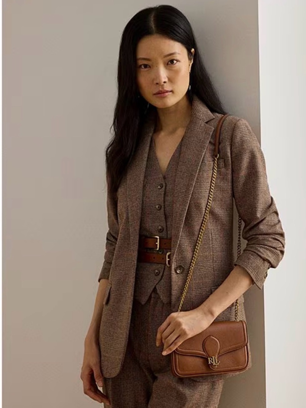 Lauren Ralph Lauren Brown Leather Crossbody Bag NWT Gold Chain Strap
